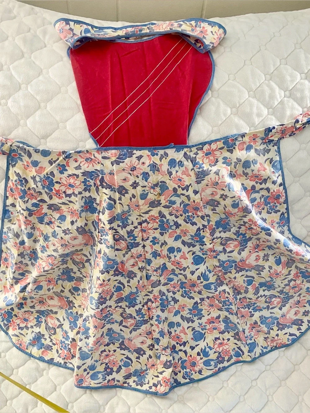 Vintage 50’s Apron with Red Heart Bib with diagonal stripes and floral apron